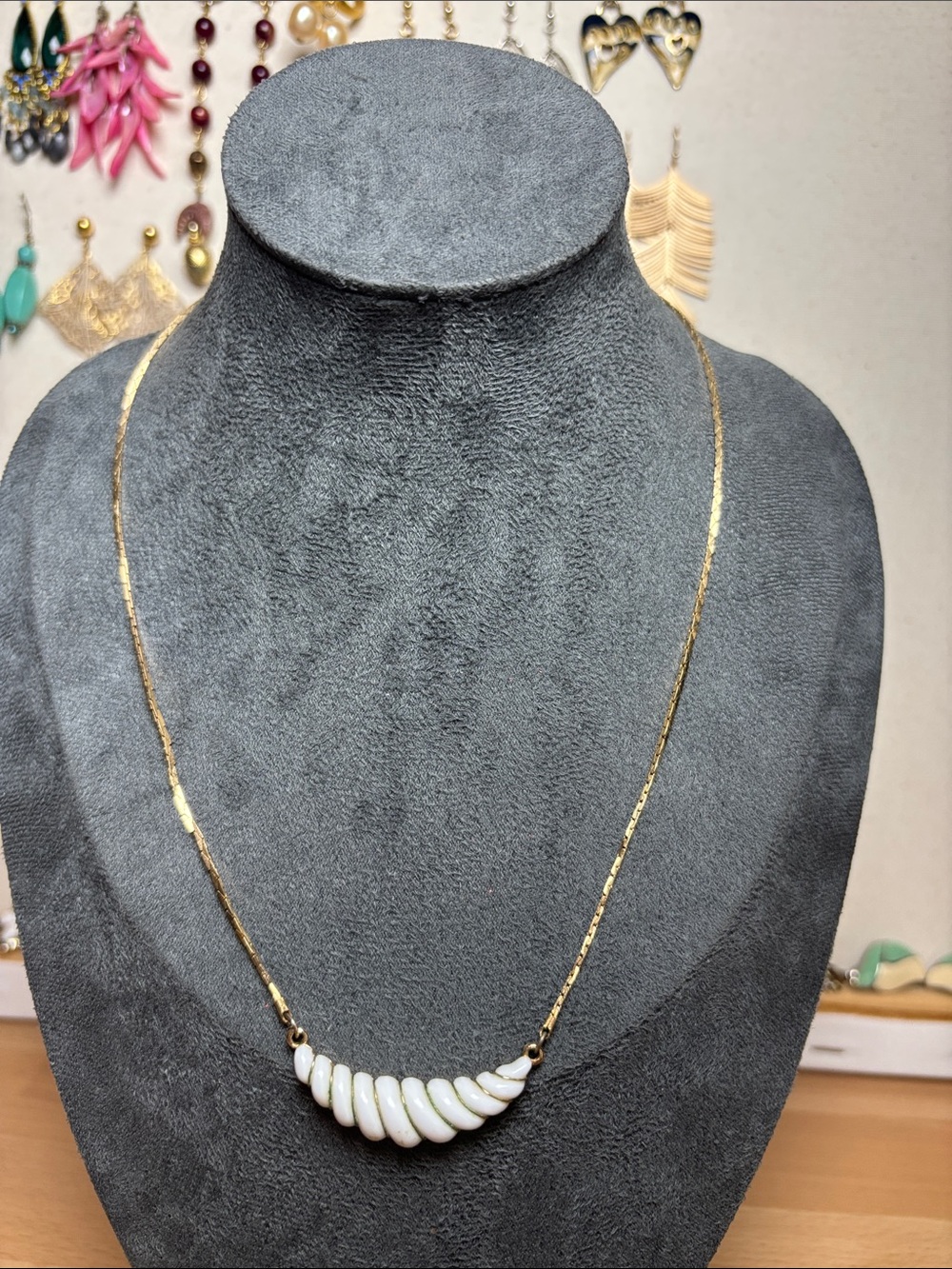 1980s Avon Gold-Tone Necklace with White Shell Bead Crescent